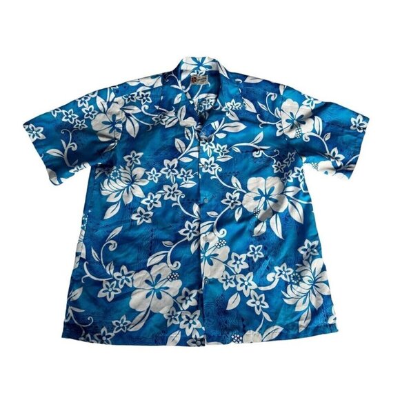 VTG Hilo Hattie Mens Sz XL Blue White Hawaiian Floral Button Up Shirt Polyester - Picture 6 of 6